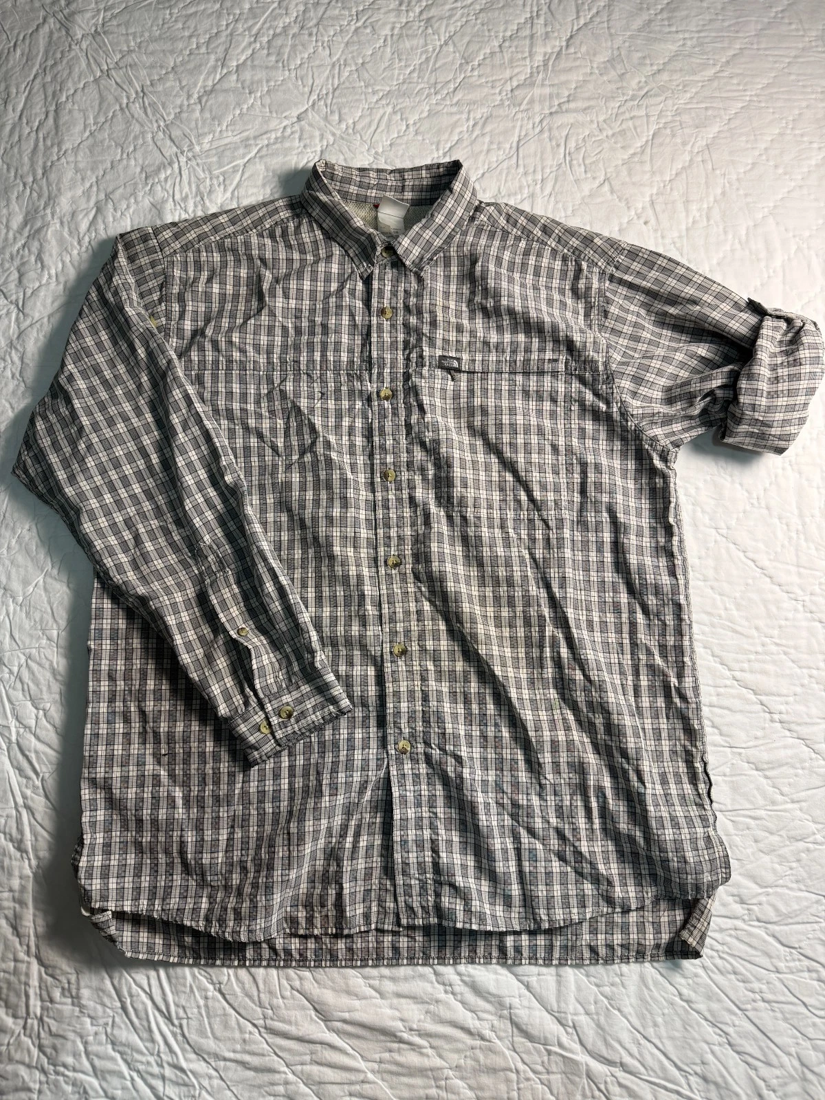 The North Face Mens Button Up Flannel Shirt Gray Plaid Roll Tab Sleeve Size XL