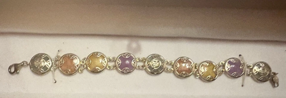 Pulseira de segmento vintage prata esterlina multicolorida jade redonda elos de dragão 8" - Imagem 3 de 4