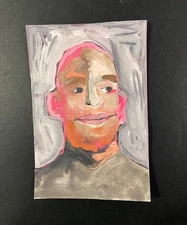 Portrait Painting 4x6 Naive Primitive Outsider Gouache Wall Art Pink Miz Katie