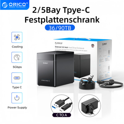 ORICO Tool-Free 2/5Bay USB C 3,5'' SATA HDD Magnetic-Type Festplattengehäuse 80TB