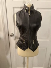 Cache’ Leather Sleeveless jacket Jacket Ruched Detail Black Cropped Size M 90’s