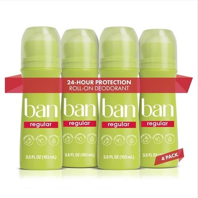 Ban Invisible Roll-on Antiperspirant Deodorant for 3.5 Fl Oz (Pack of 4) 
