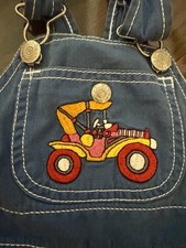 Vintage 70s Montgomery Ward Baby Overalls Romper Car Embroidery Small 14-20lbs