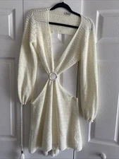 Beginning Boutqiue Womens Medium Ivory White Knit Cut Out Dress Festival