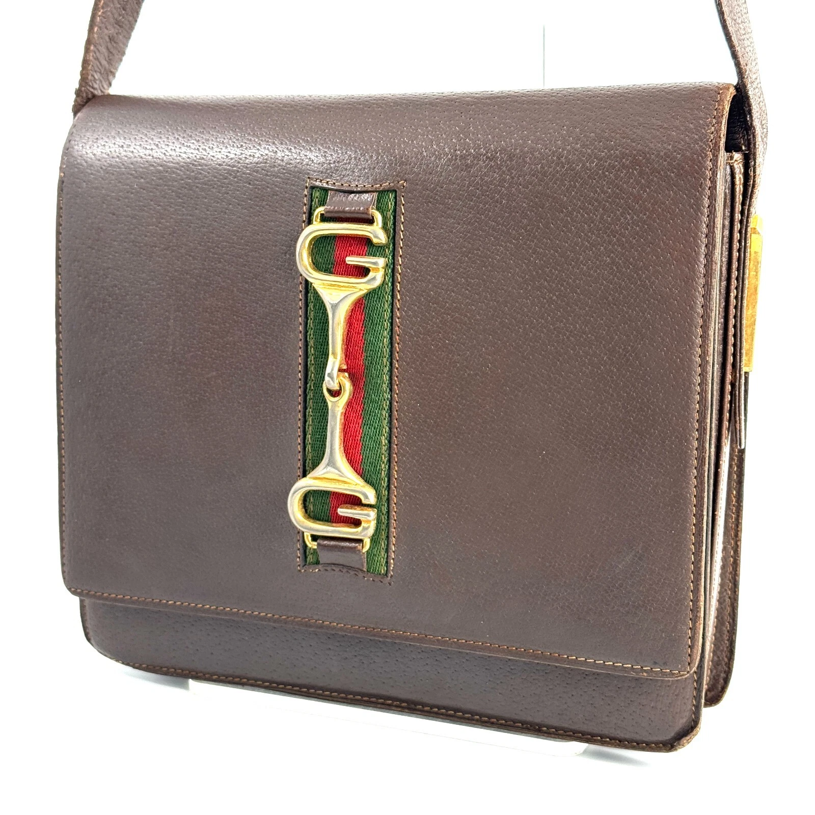 Borsa a tracolla vintage Gucci Horsebit linea Sherry marrone rosso verde dal Giappone