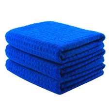 3 Pcs Waffle Weave Glass & Window Microfiber Towel, Blue 24" x 16"