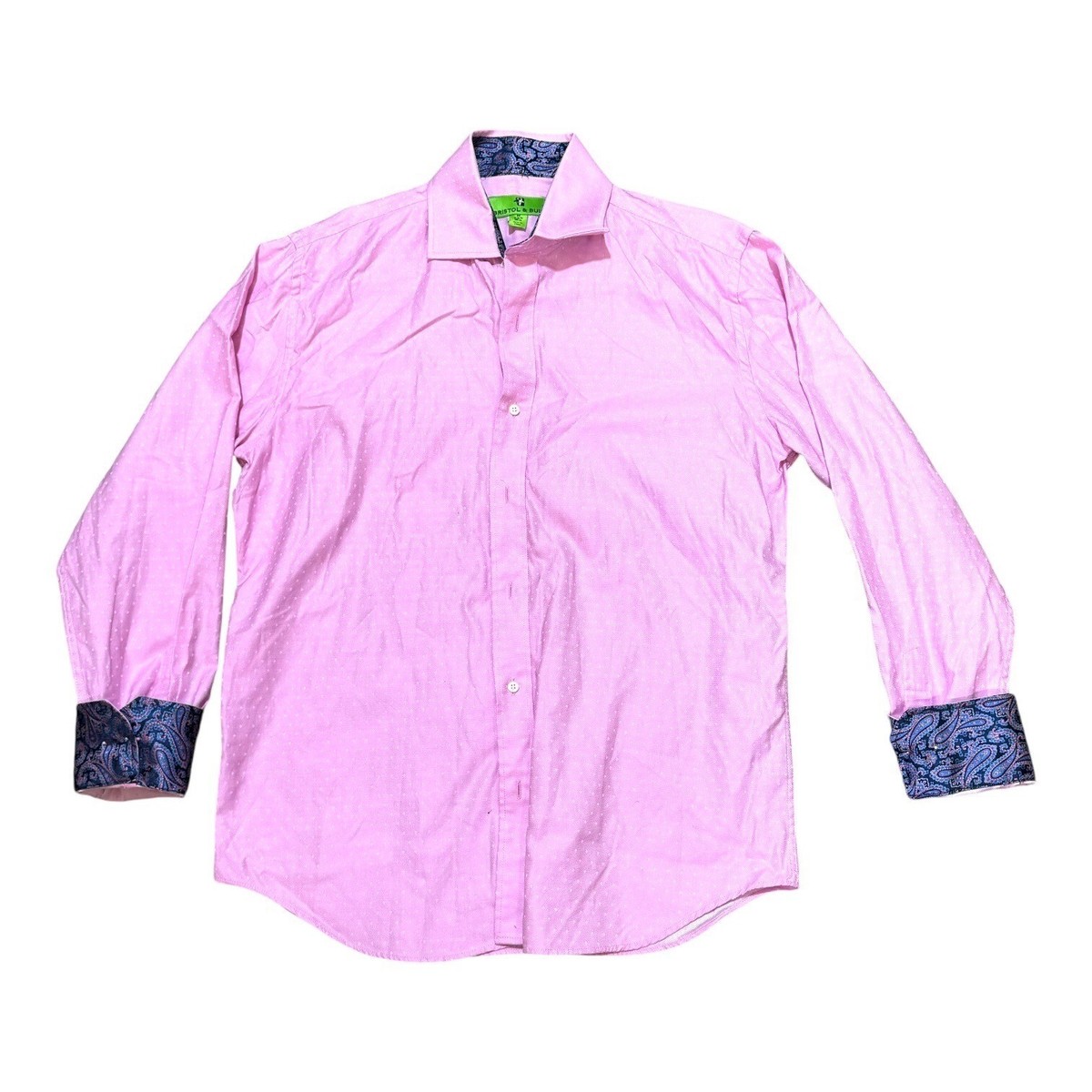Bristol Bull Mens Dress Shirt M 15 Paisley Flip Cuff Pink Polka