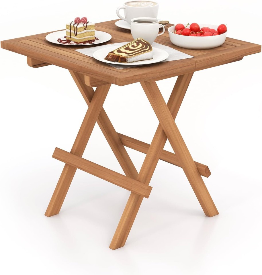 Patio Folding Side Table, Teak Wood Square End Table with Slatted