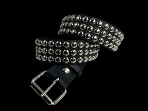 Large Round Stud Belt Genuine Leather Three Row Rock Goth Sid Vicious Punk 70's - Picture 6 of 7