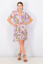 NWT Missguided Women 2 Puff Sleeve Ruffle Hem Back Zip Belted Floral Mini Dress