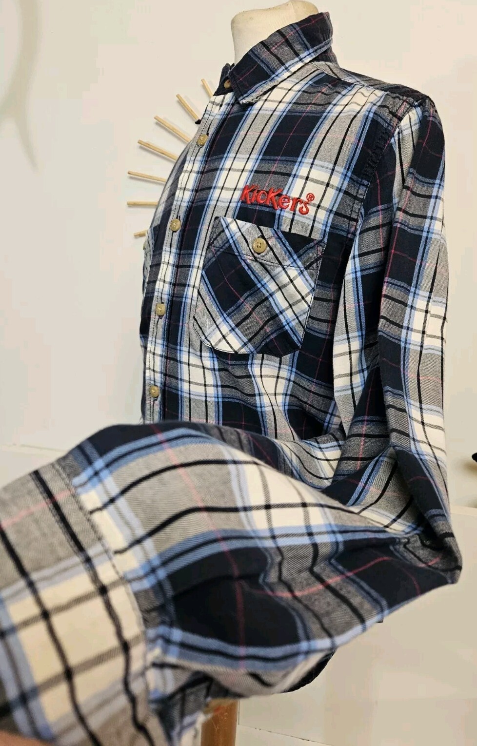 Kickers Classic Shirt - Mens Blues Vintage Retro Long Sleeved Soft Check UK Med image 2