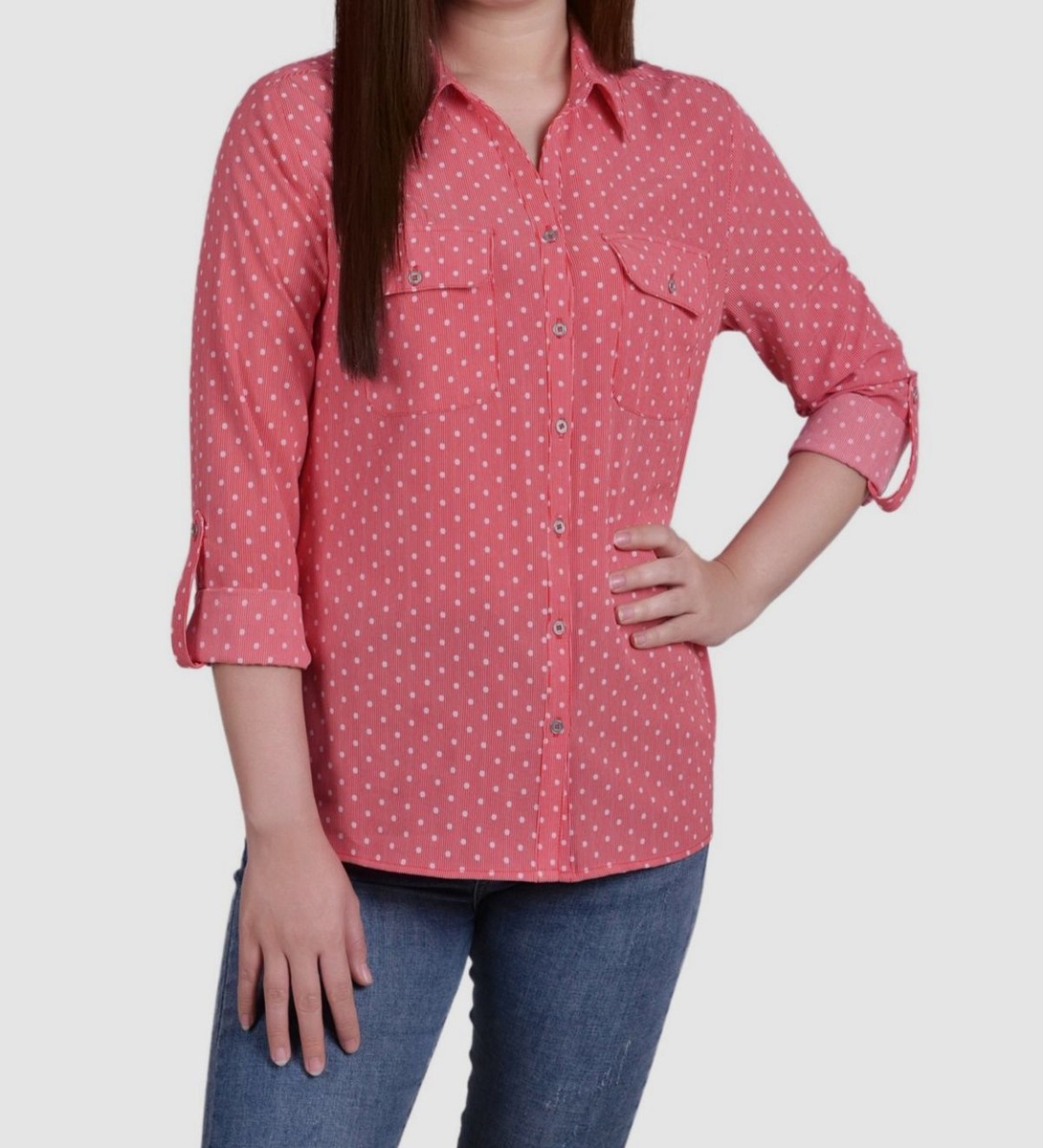 $43 NY Collection Women' Red 3/4 Sleeve Roll-Tab Blouse Top