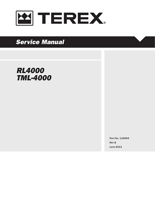TEREX RL4000 TML-4000 Light Tower Service Manual ON PAPER Part No 116694