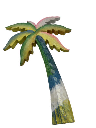 Palm Tree Wall Plaque Tropical Shimmer Wood Tiki Painted Coastal Decor Art - Picture 1 of 9