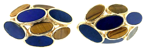 ALETTO BROTHERS~Cuff Links~Lapis Lazuli+Tiger Eye Stones Set~14K Yellow Gold~WOW - Picture 1 of 9
