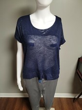 Lily Star Blue Silver Glitter Sheer Short Sleeve Blouse Size S Made in USA