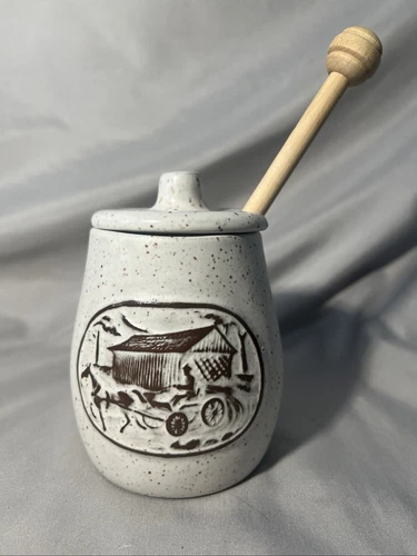 Vintage Onion River Pottery Stoneware Speckled Honey Jar Winooski Vermont NOS