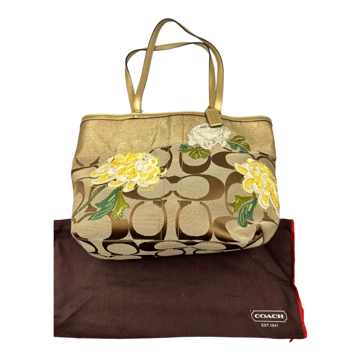 COACH Signature C Khaki Gold Leather Poppy Glam Shoulder Tote Bag 