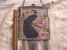 Antique Art Nouveau Beaded Fringe Purse Peacock With Roses