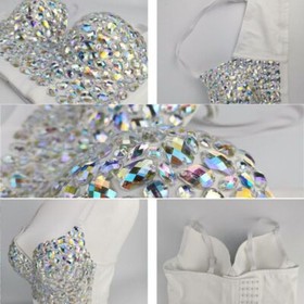 Women AB Colored Rhinestone Bustier Crop Top Strap Push Up Corset 