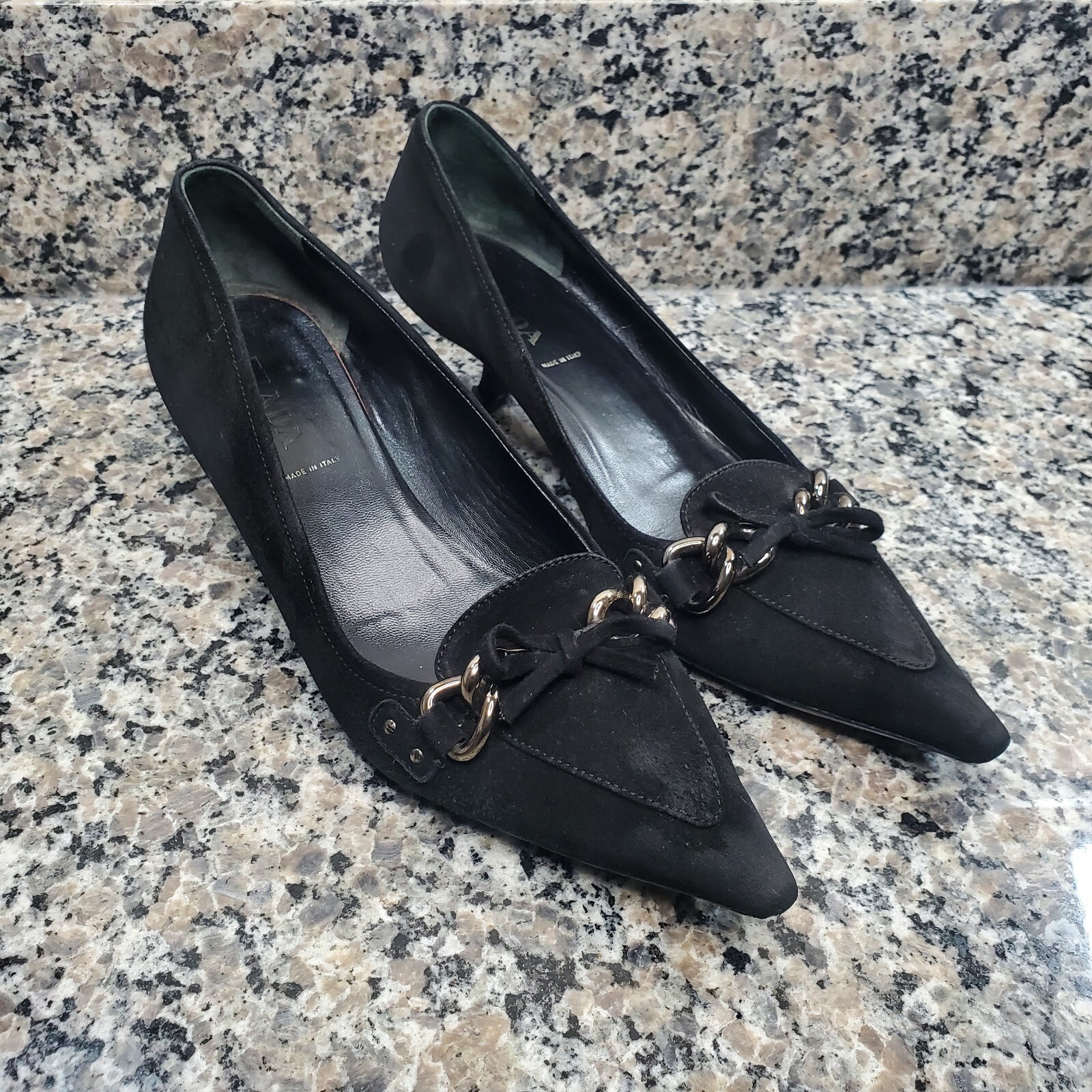 Prada Black Suede Size 39.5 Kitten Heel Point Toe Made In Italy Vero Cuoio  | eBay