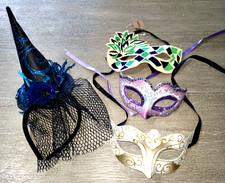 FANCY HALLOWEEN WITCH HAT HEADBAND 3 FANCY EYE MASKS 2 GLITTER 1 FABRIC ONE SIZE