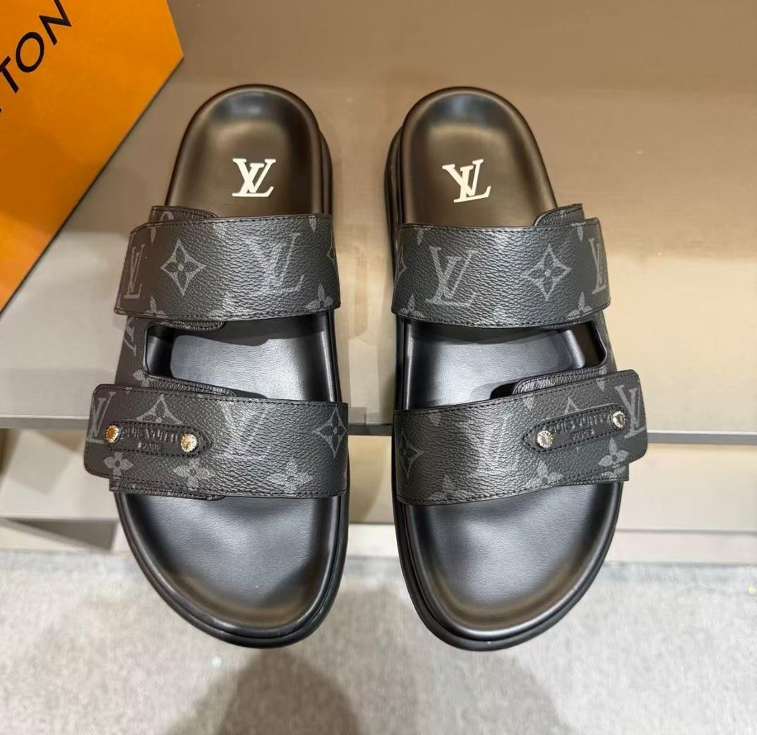 Louis Vuitton Black Monogram Logo Slide Sandals Men's Adjustable