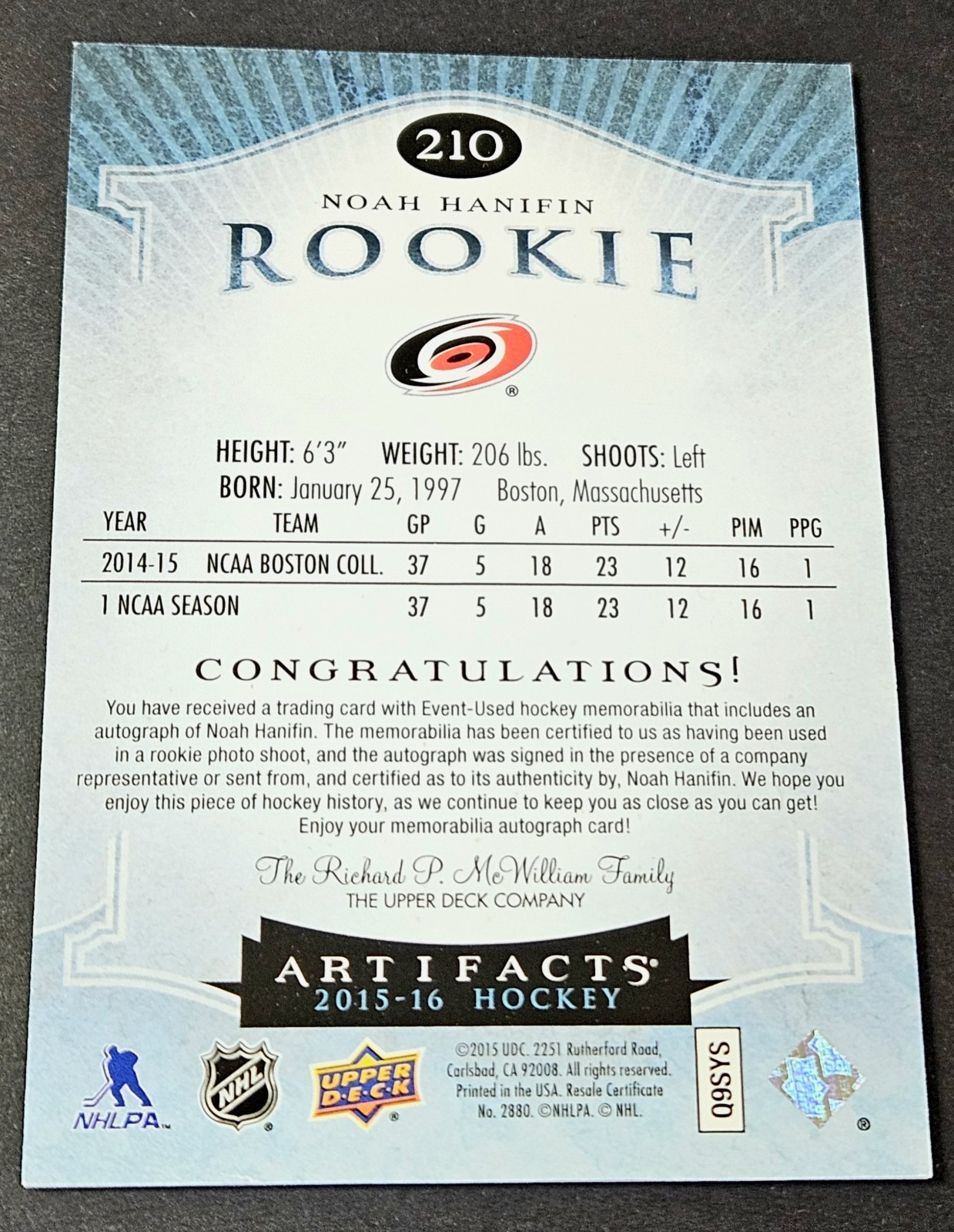 2015-16 UD Artifacts Rookie Auto /125 Patch Silver Material Noah Hanifin RC #210