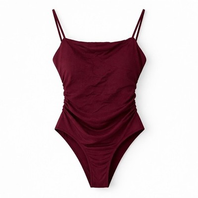 BERLOOK Textured Burgundy One Piece Swimsuit Strappy Back High Cut Sz XL