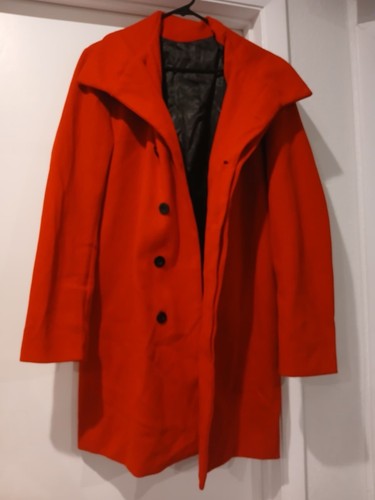 Women's Red Mid-Length Collared Button Overcoat Long Sleeve Solid Coat
