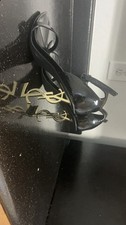Saint Laurent Black Patent Leather Strappy Ankle Strap Buckle Square Toe Heels