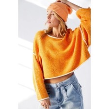 Free People Bardot Cropped Orange Textured Knit Boat Neck Long Sleeve Sweater S