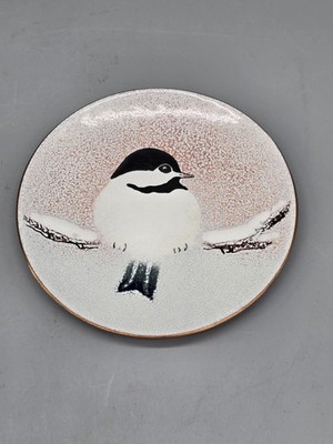 Vintage Norman Brumm Enamel Over Copper Plate Chickadee In Winter Snow Signed 4''