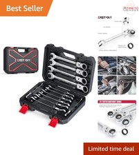 12-Piece Metric Flex-Head Ratcheting Wrench Set Chrome Vanadium Steel Open End