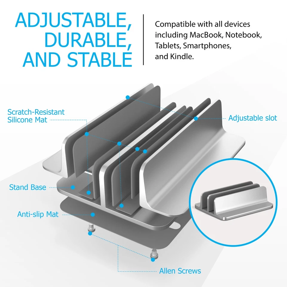 Vertical Laptop Stand Adjustable Dual Slot, MacBook Stand Holder Desk - Silver - Image 4 of 4