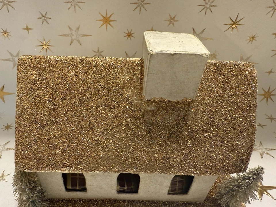 ✨ВИНТАЖНЫЙ PUTZ РОЖДЕСТВЕНСКАЯ ЦЕРКОВЬ С ЗОЛОТЫМ БЛЕСКОМ И ДЕРЕВЬЯМИ СДЕЛАНО В ЯПОНИИ БЕЗ ШПИЛЯ✨ - Изображение 2 из 4