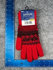 Juncture Mens Gloves One Size Red Polyester Blend Fair Isle Stretch Winter Ski