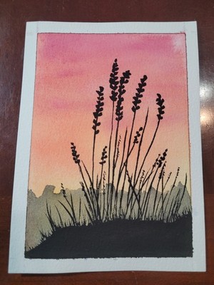 Original, Watercolour, Meadow at Sunset, 4x5.5