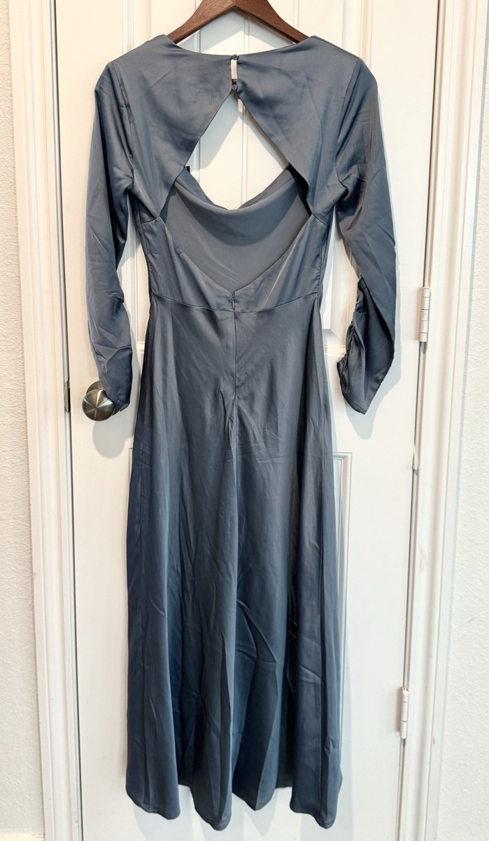 gracie long sleeve cutout satin midi dress ASTR The Label NWT Gracie Long Sleeve Cutout Satin Midi Dress In Dusty Blue Sz S