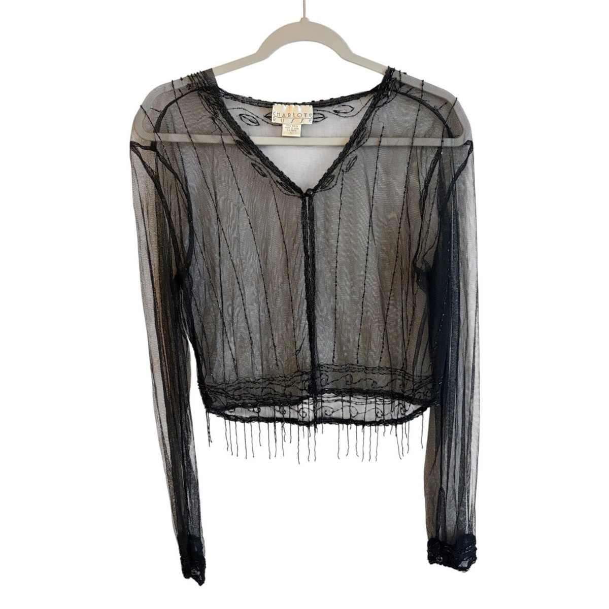 Vintage Charlotte Russe Black Sheer Beaded Cropped Blouse Size