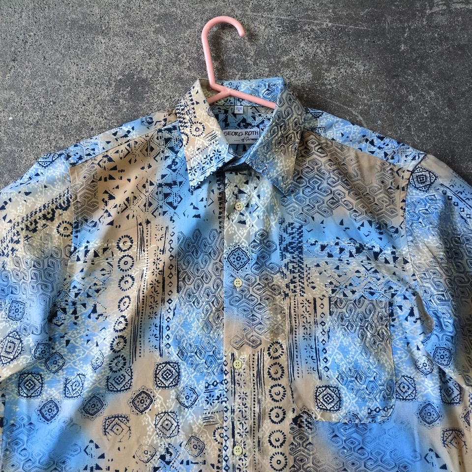 Camisa Vintage Georg Roth Para Hombre M Geométrica Tribal Azul Manga Corta Abotonada Foto 2 de 4