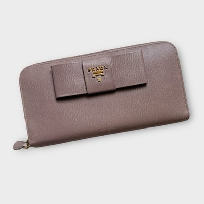 Prada Saffiano Fiocco Bow Zip Around Wallet in Cammeo (Beige)