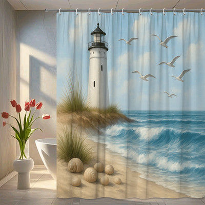 Coastal Beach Lighthouse Shower Curtain for Nautical Decor