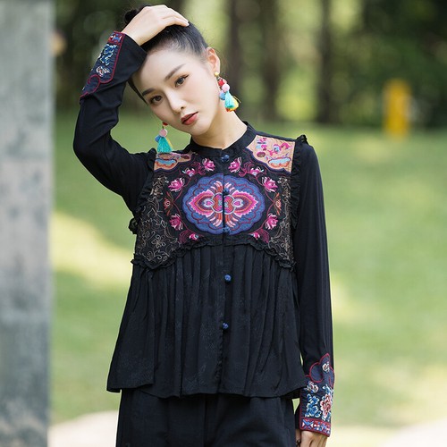 Ethnic Women Embroidery Jacquard Brocade Waistcoat Frog Button Ruffle Black Vest - Picture 9 of 12