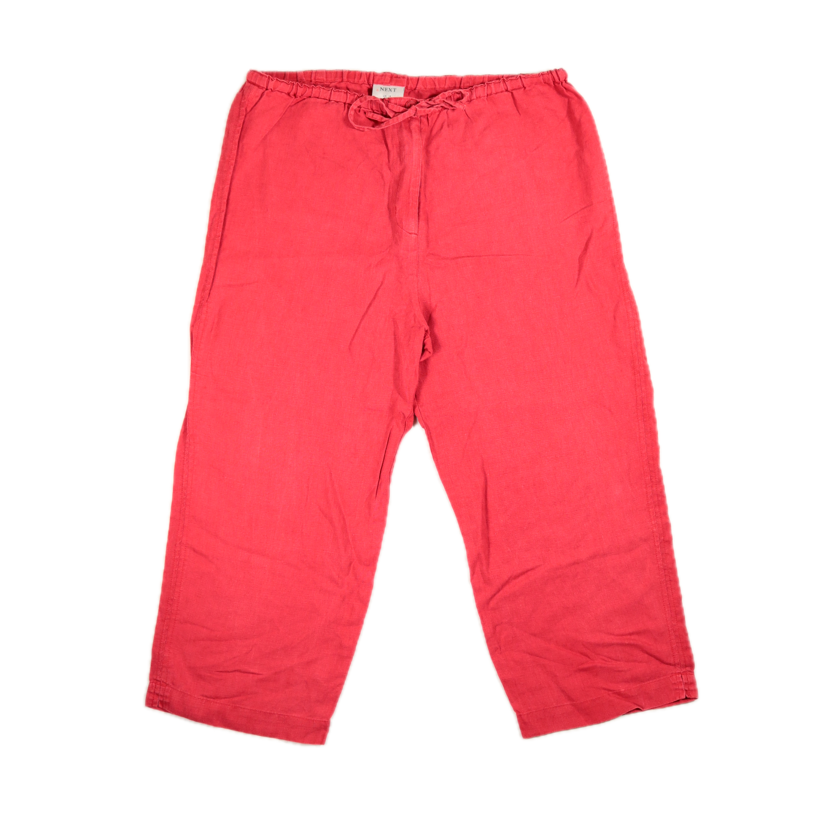 Next Trousers UK 14 Red Pink Cropped Straight Leg Linen W34 L21 Tie Waist Summer