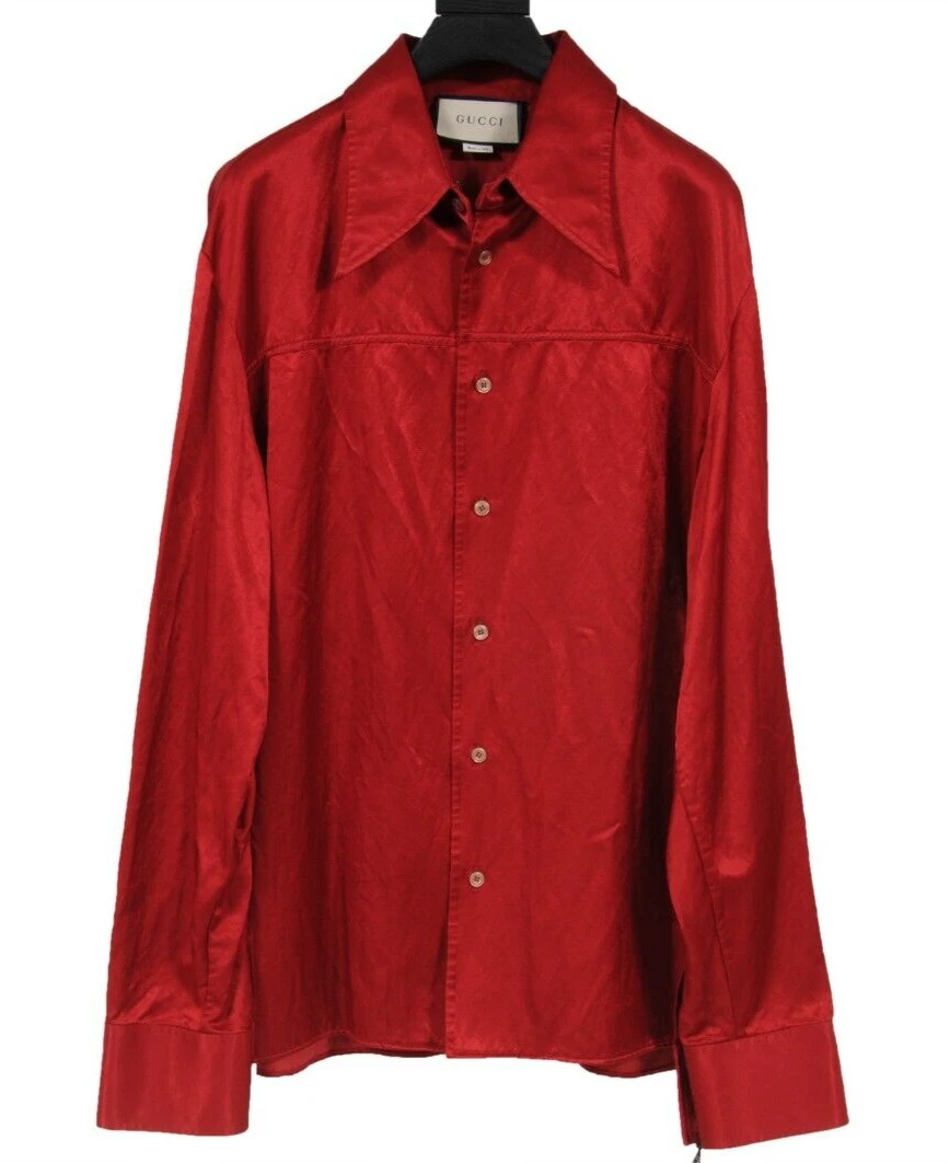 Gucci Men Button Down Shirt Size 52 Red Satin Cotton Blend Daffodils Skull  Snake