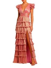 Mac Duggal Coral Pink Gold Ruffle Tiered Criss Cross Lace Up Gown Size 12 $498
