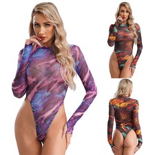 Women's Sheer Mesh Bodysuit Graphic Print Leotard Long Sleeve Halloween Jumpsuit