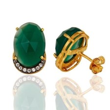 Natural Green Onyx CZ 18K Gold Plated 925 Sterling Silver Earrings Jewelry
