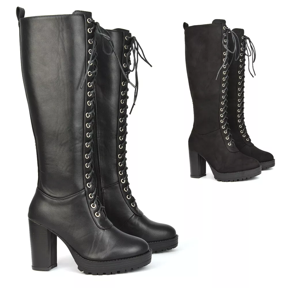 Womens Knee High Boots Ladies Black Combat Winter Heeled Lace Up Biker Size  3-8